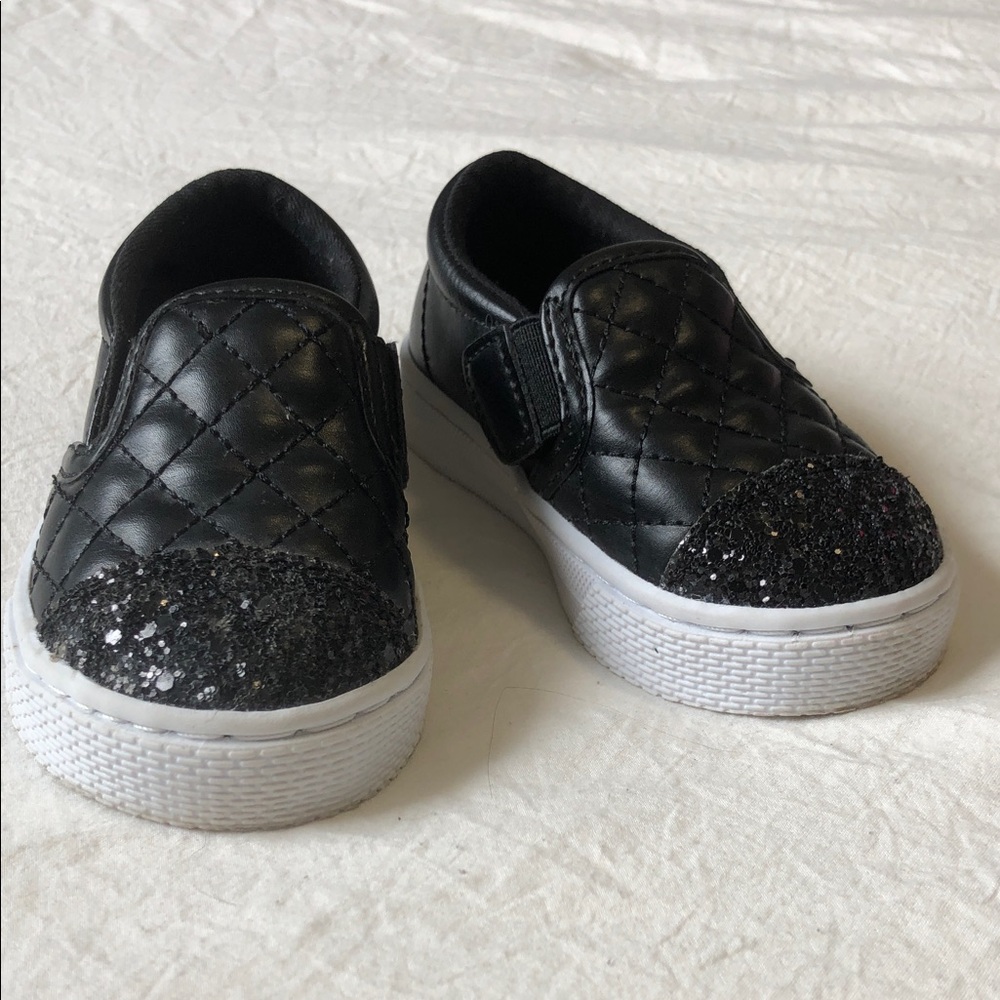 Place Black Quilted Kids Slip-On Sneakers with Glitter Toe